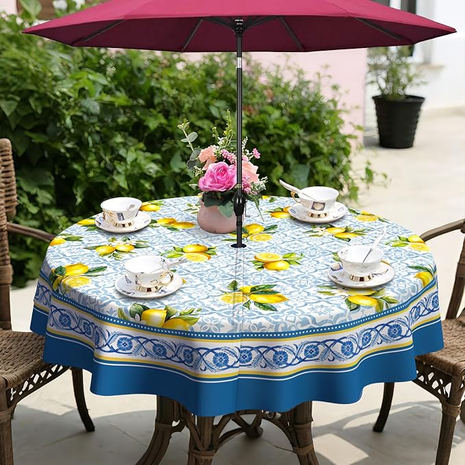 Lemon Outdoor Tablecloth with Umbrella Hole 60" x 60" Waterproof Zipper Table Cloth for Patio Table - Ideal Tablecloths for Picnics, Camping, and Yard Use