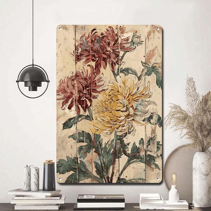 Metal Sign Tin Sign Vintage Wall Art Autumn's Antique Beauty Chrysanthemum Tin Sign for Vintage Wall Art Rustic Charm and Shabby Chic Vintage Metal Sign for Club 6×8 Inches
