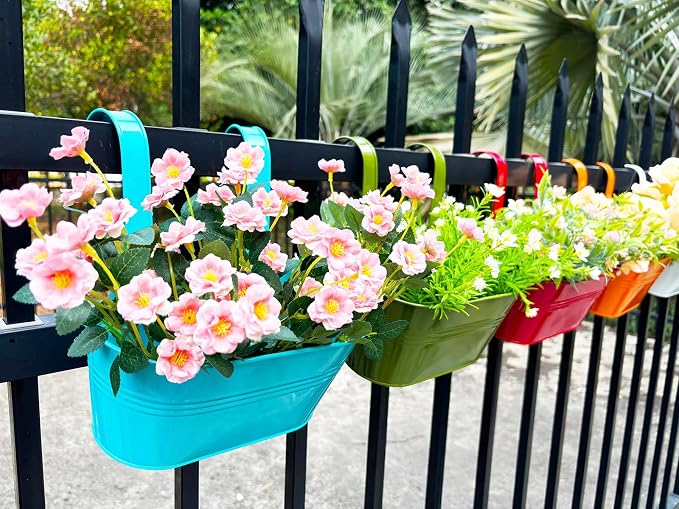 8 Pack Hanging Planters 10", Colorful Metal Bacony Railing Planter for Outdoor Decor, Countryside Fence Pot Flower Bucket for Rails Patio Garden, Plant Pot for Herb (9.8", Pack of 8)
