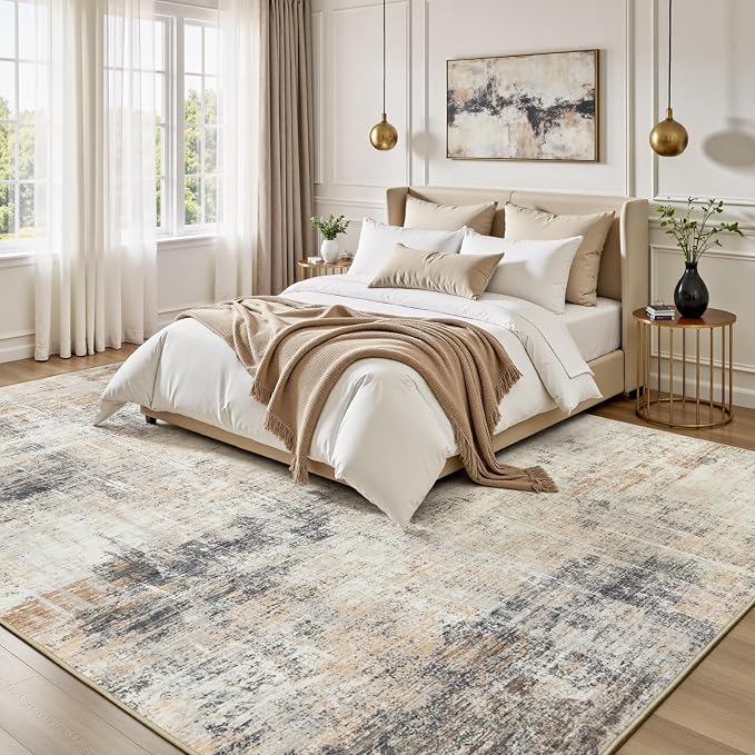 9x12 Area Rug for Living Room, Abstract Washable Non-Slip Large Rugs, Gold | Soft Neutral Carpet for Bedroom, Dining Room, Home Office Nursery Indoor, Stain Resistant, Low Pile, Foldable Modern Rug