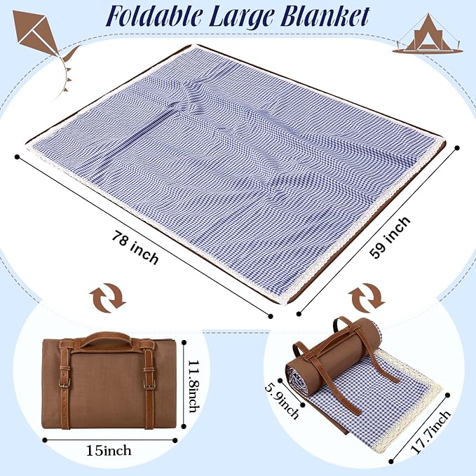 VitalCozy Waterproof Picnic Blankets 59 x 78in Outdoor Blanket Foldable 2 in 1 Double Layer Sandproof Beach Mat with Carry Strap for Camping Lawn Park Beach Grass(Blue White)