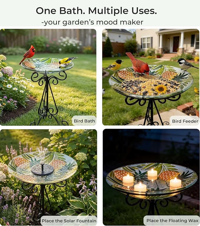 Large Bird Bath for Outside, Glass Bath Bowl with Metal Stand 28" H Standing Outdoor Birdbaths for Garden Yard Lawn Decor, Pineapple
