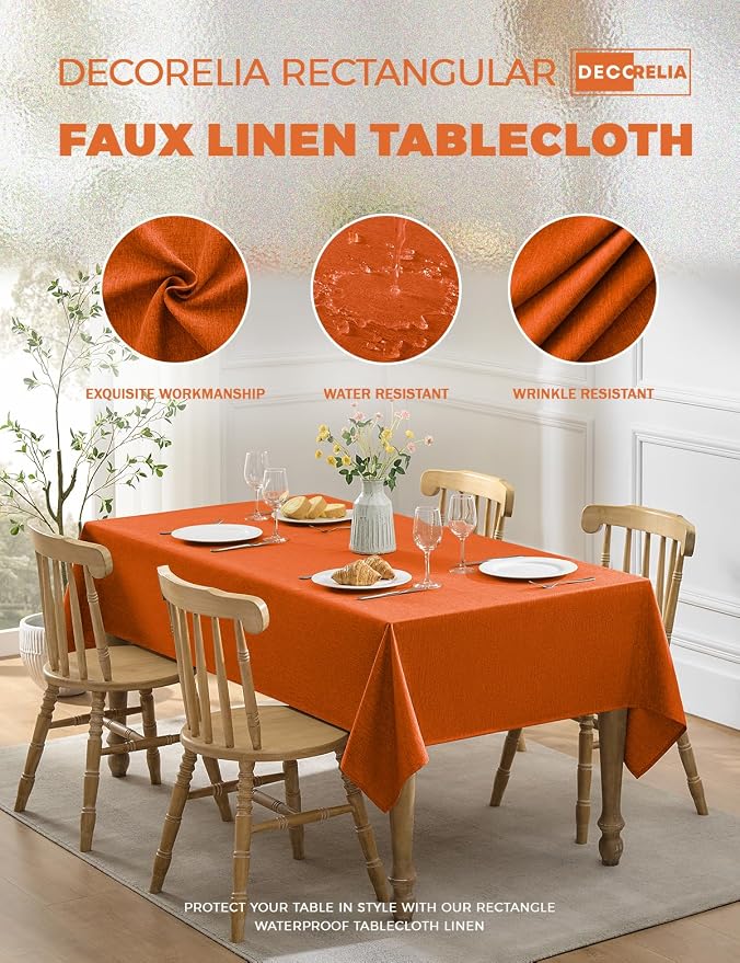 Decorelia Waterproof Wipe Clean Table Cloth for 10ft Banquet Rectangle Table, Outdoor Spillproof Wrinkle Free Tablecloth for Thanksgiving, Christmas, Easter (Oblong, 60 x 144 Inch (12-14 Seats), Rust)