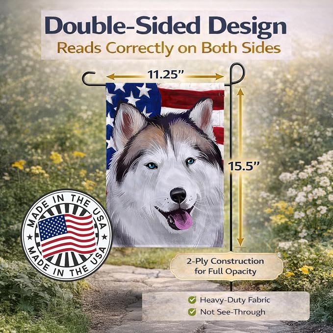 Caroline's Treasures CK6389GF Alaskan Husky American Flag Garden Flag Mailbox Flag Decorative Yard Flag Banner Outside Patio Artwork Yard Flower Beds, Garden Size, Multicolor