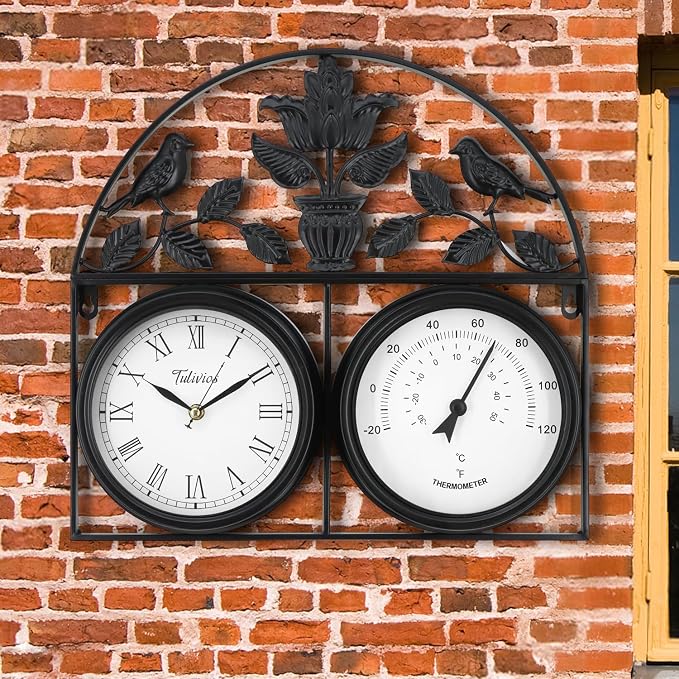 17Inch Large Outdoor Clock,Waterproof Wall Clock with Thermometer,Weatherproof Non-Ticking Quartz Battery Operated Decor Clock for Patio,Garden,Pool,Porch,House Warming Gifts
