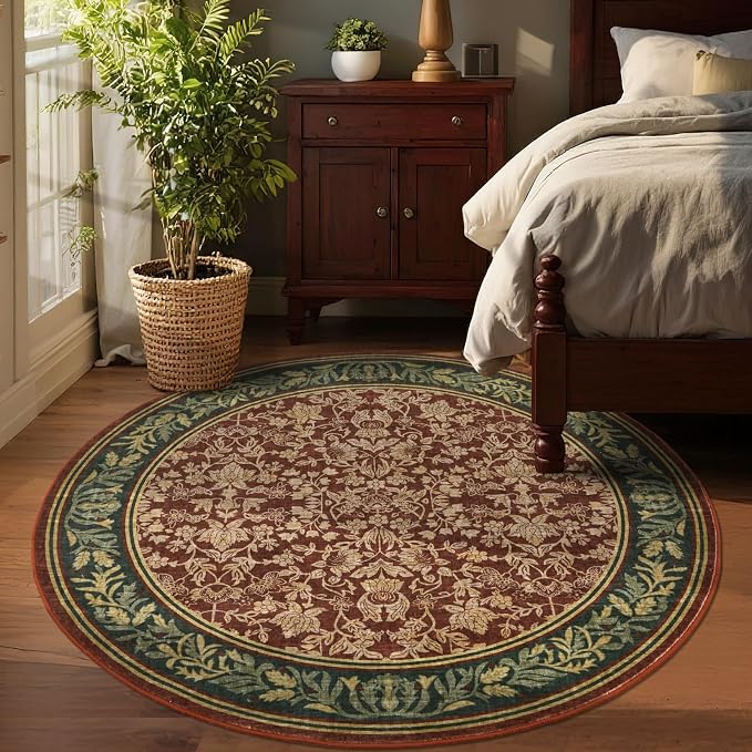 GarveeHome Round Rugs 4ft Washable Circle Rug for Living Room, Red | Boho Vintage Non Slip Soft Low Pile Stain Resistant Indoor Carpet for Bedroom Dining Room Kitchen Entryway Office
