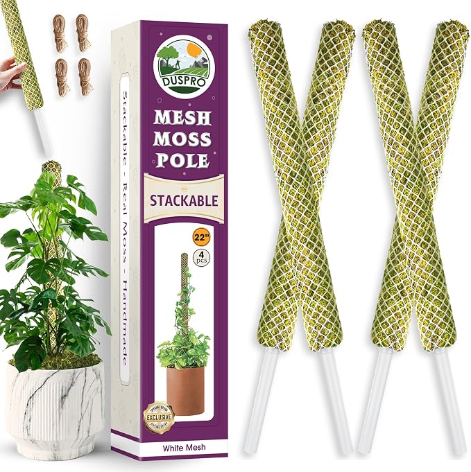 DUSPRO 4 Pack 22" White Stackable Mesh Moss Pole for Plants – Extendable Up to 71", Natural Forest Moss Pole Monstera Plant Support, Moss Stick for Climbing Plants, Indoor Plant Stakes Accessories