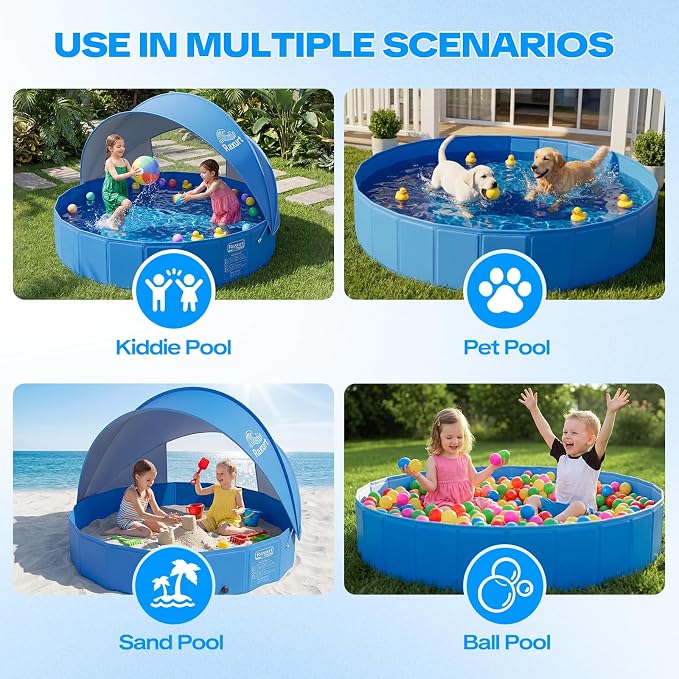 Baby Pool with Canopy, 47" Kiddie Pool with UPF 50+ Sunshade | Foldable Toddler Pool and Kids Pool with Non-slip Design, Portable Setup and Durable Construction for Backyard Summer Fun