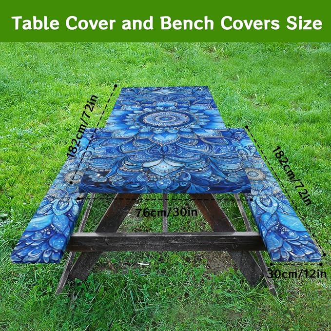 Blue Mandala Picnic Table Cover with Bench Covers and Carrying Bag, Vintage Boho Floral Rectangle Table Cover Outdoor Patio Camping Essentials 72 inch 4PCS Camping Fitted Tablecloth