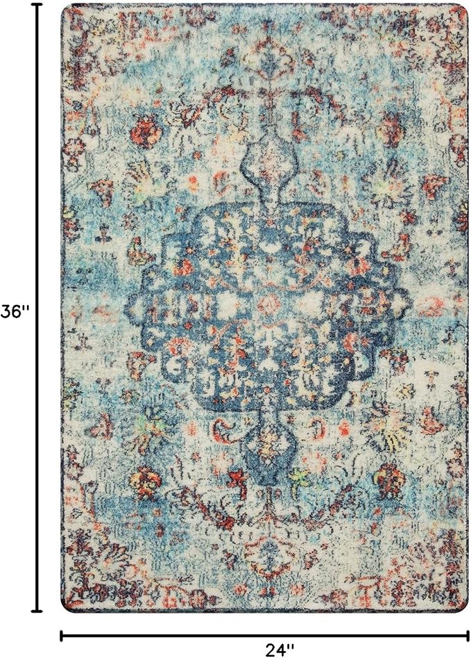 Lahome Reine Bohemian Floral Medallion Area Rug - 2x3 Vintage Teal Distressed Small Entryway Rug Turkish Doormat Faux Wool Non-Slip Washable Low-Pile Carpet for Bathroom Kitchen Laundry Room Decor