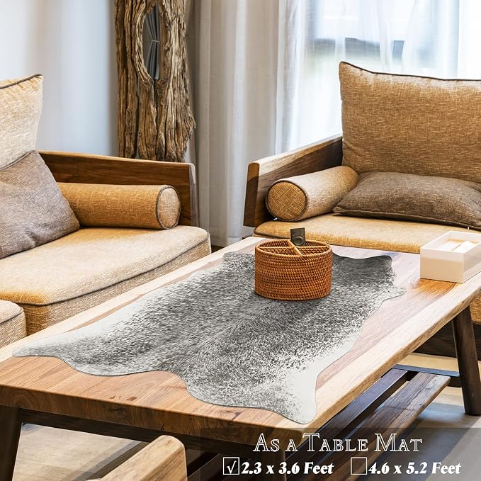Washable Faux Cowhide Rug 2x3 Grey, Small Modern Farmhouse Animal Skin Area Rug, Non Slip Cow Print Carpet for Bedroom Entryway Bedside, Cute Cottagecore Apartment Room Decor