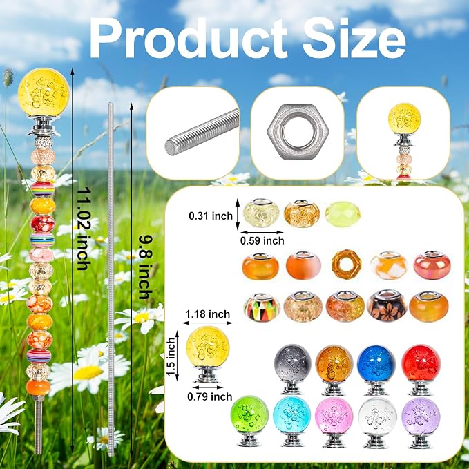 230Pcs Bubble Top Garden Stakes Kit, Crystal Wand Decor for Patio | 230pcs Set, 9.8" Steel Rods, 10.8" Assembled Height, Glass Bubble Tops, Acrylic Beads, For Pots Planters Patio Outdoor Decor
