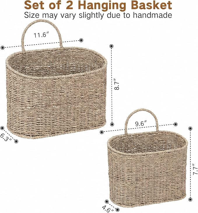 iEGrow Set of 2 Hanging Basket, Wicker Wall Basket Natural Seagrass, Hanging Baskets for Organizing and Decor, Storage Baskets for Door Mounted Entryway Flower Mail Plant Garden