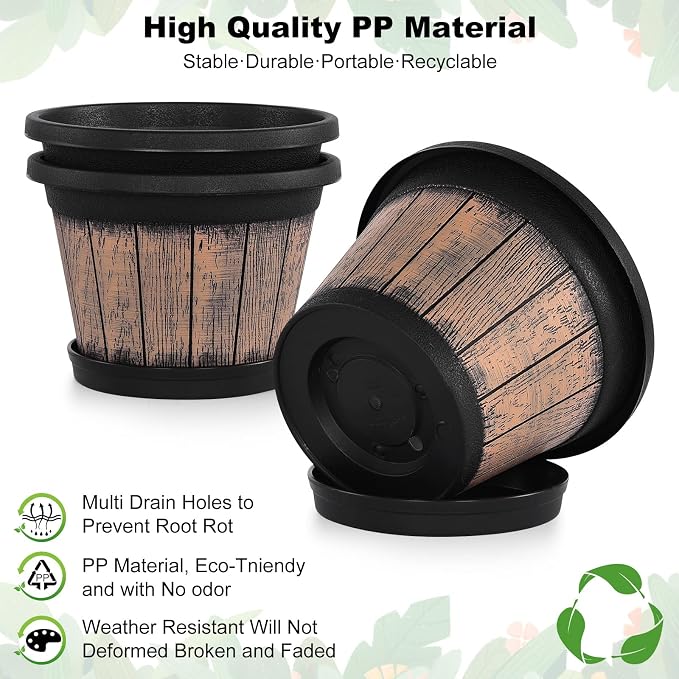 Quarut Plant Pots Set of 3 Pack 9 inch,Whiskey Barrel Planters with Drainage Holes & Saucer.Plastic Decor Flower Pots Imitation Wine Barrel Design,for Indoor & Outdoor Garden Home Plants (Brown)