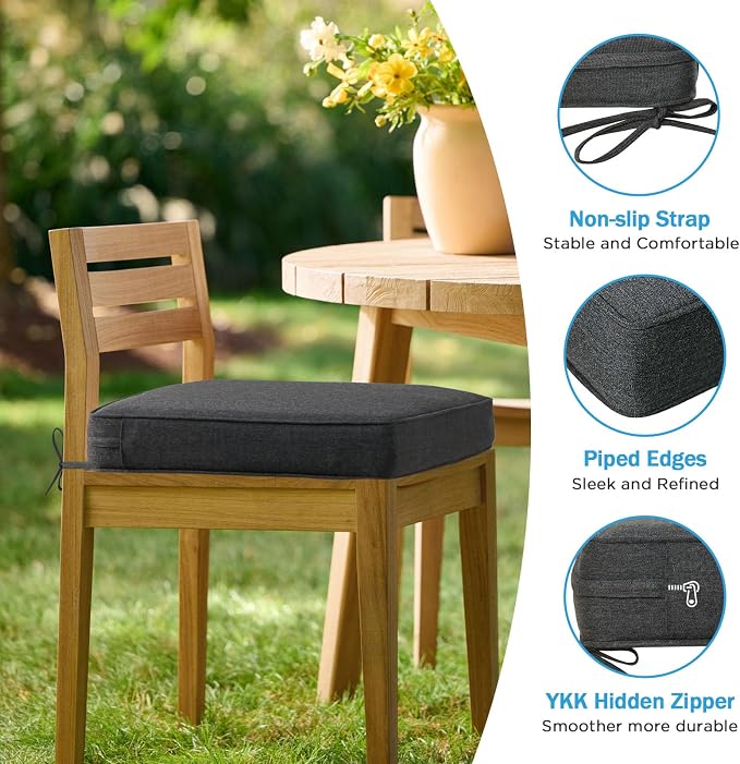 19 x 19 Inch Sunbrella Outdoor Chair Cushions with Tie Straps, Set of 4 Thick Water Repellent Square Patio Chair Pads for Garden Lawn Patio Furniture, Canvas Soot