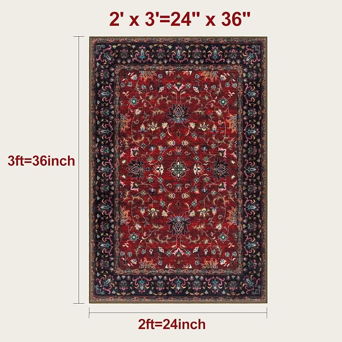 Oriental Red 2x3 Washable Rugs for Entryway, Non Slip Small Entry Rug | Vintage Floral Indoor Front Door Rug Mat, Soft Low Pile Small Carpet Throw Rugs for Entry Entrance Kitchen Bedroom Red Black