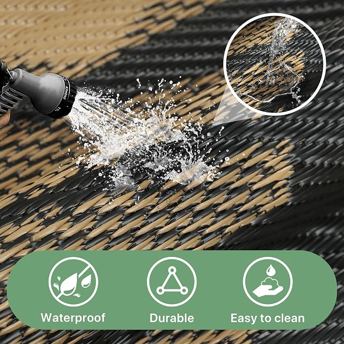 GENIMO Waterproof Outdoor Rug 6' x 9' for Patio Decor, Reversible Plastic Straw Area Rugs for Camping Clearance, RV Mat, Large Outside Carpet for Porch, Deck, Picni, Balcony, Garden, Black & Brown