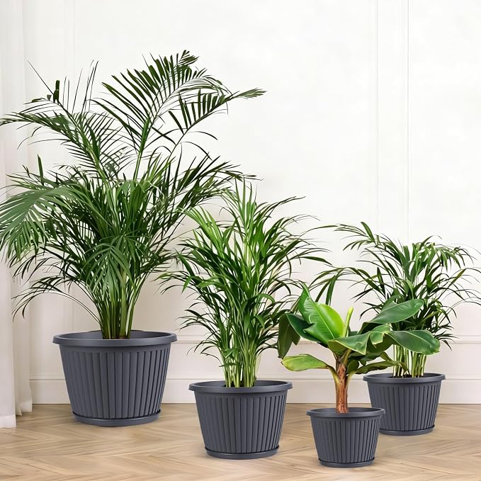 14-inch-Large-Planters-for-Outdoor-Plant，Plastic Indoor Flower Pots with Drainage Holes & Saucer，4 Packs Decorative Garden Pots for Plantfor Home Porch Decor