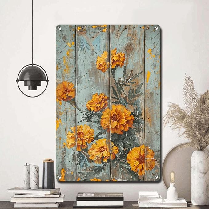 Metal Sign Tin Sign Vintage Wall Art Antique Exuberance Marigolds Tin Sign for Shabby Chic Style Bright Petals Displays and Corrosion Home Decor for Club 12×16 Inches