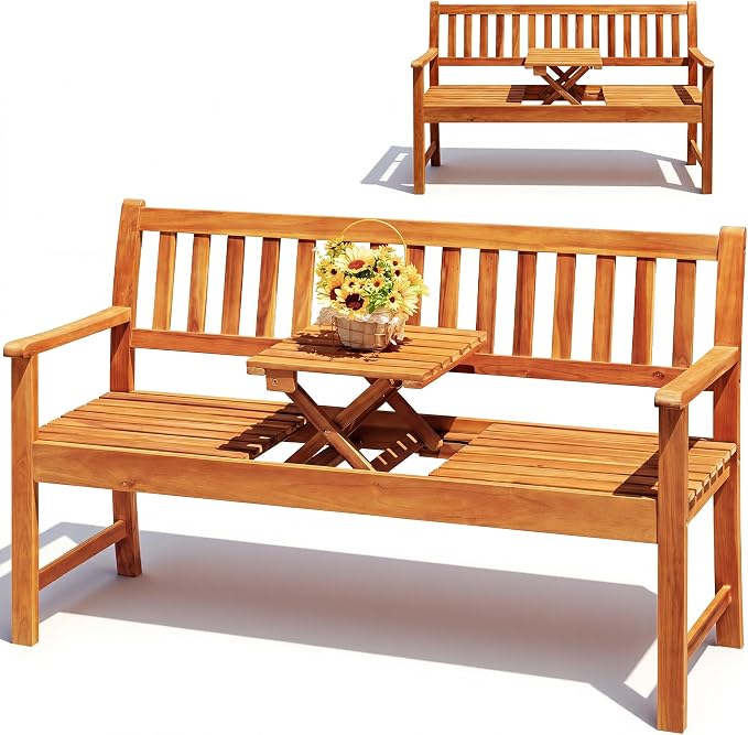 Flamaker Outdoor Bench with Pull-Up Table, Acacia Wood 2-Person Loveseats | Solid Wood Weather-Resistant Patio Seating with Convertible Center Table for Garden, Backyard, Porch, Poolside, Log Brown