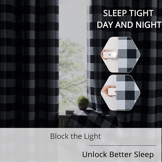 Black and White Buffalo Plaid 100% Blackout Curtains for Bedroom/Living Room, Energy Saving & Privacy, Noise Reducing, Grommet, W52×L96, 2 Panels