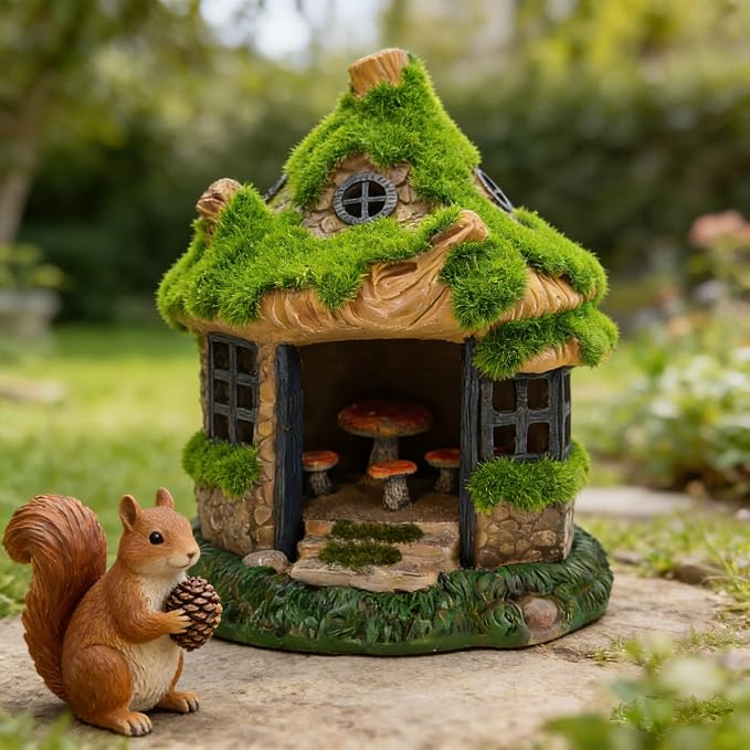 COWOS Fairy Garden House, Flocked Moss Miniature Cottage for Outdoor Yard Decor, Weather-Resistant Resin Forest House with Mushroom Furniture, Fairy Garden Accessories for Patio, Lawn, Home, and Gift