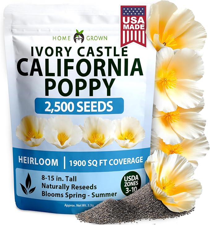 HOME GROWN California Poppy Ivory Castle 2500 Seeds 3.3g 2026 Spring Flower Seeds for Planting Outdoors, California Poppies, Bulk Perennial Self-Seeding Flower Seeds (Eschscholzia Californica)