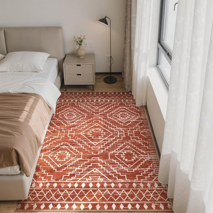 Wonnitar Moroccan 4x6 Bedroom Area Rug, Washable Soft Rug for Living Room, Non-Slip Bohemian Large Rug Non-Shedding Low Pile Floor Carpet for Kitchen Guest Room Entrance (Brown,4'x6')