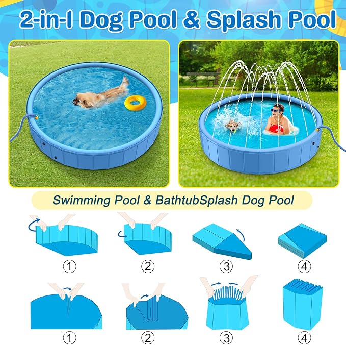 Foldable Dog Pool, 63in Large Sprinkler Pool with Cover, Heavy Duty Dogs Splash Pad with Sprinkler Bathtub for Large Medium Small Pets Summer Outside Water Playing