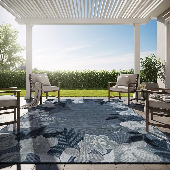 Outdoor Rug 10x14 Washable Area Rugs Indoor Outdoor Carpets Navy Border Floral Non Shedding Waterproof Easy Clean Patio Deck Porch Living Room Bedroom Garden RV (10 X 14 Navy)
