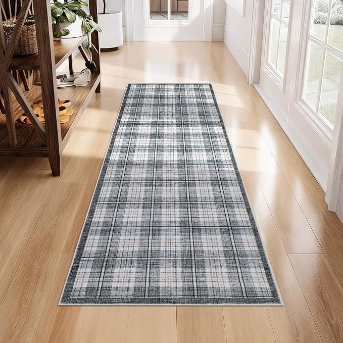 GarveeHome Checkered 2x6 Runner Rug, Machine Washable Stain Resistant Rug with Non Slip Backing, Carpet with Low-Pile for Hallways Kitchen Entryway Bedroom Living Room Grey