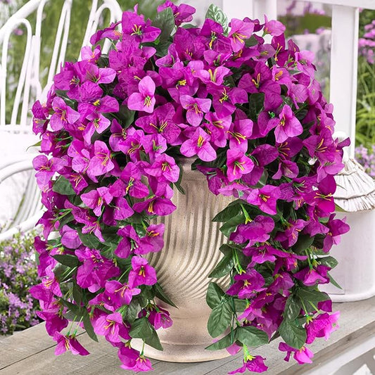 INXUGAO 2 pcs Artificial Faux Bougainvillea Flowers Plants for Outdoor Outside Summer Decoration, Fake Silk UV Resistant Long Trailing Vines for Front Door Porch Planter Balcony (Double Lotus)