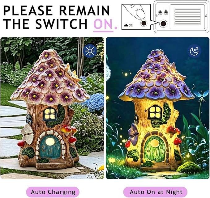 Fairy Garden House, Solar Fairy House for Outside Decor, Outdoor Mushroom Garden Statues for Yard, Lawn, Balcony Patio, Outdoor Figurine Lights Gifts for Mom Women