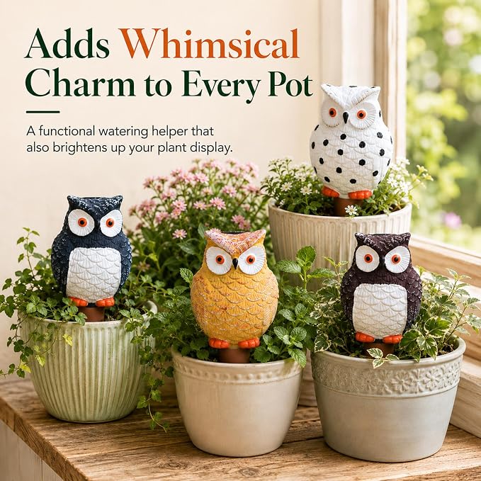 Terracotta Watering Spikes 4 Pack, Cute Self Watering Plant Spikes, Clay Plant Watering Devices, Slow Release Self Watering Planter Insert for Indoor Outdoor Potted Plants (Owl) | Porous terracotta, Top refill design, Decorative owl shape, Easy plant care