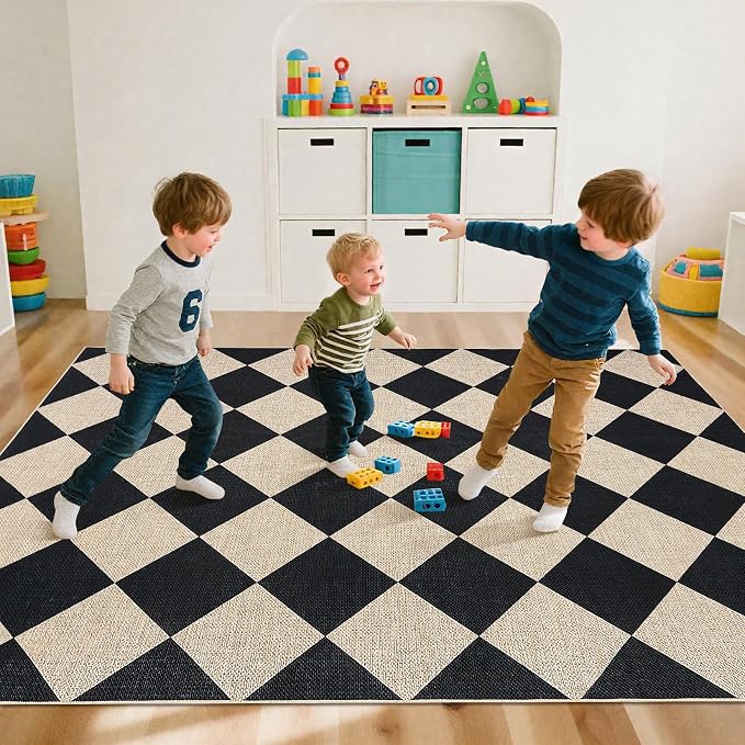 GarveeHome Checkered Easy Jute 5x7 Area Rugs for Living Room Black | Machine Washable Non-Slip Backing Stain Resistant Modern Indoor Outdoor Rugs for Farmhouse Dining Room Patio