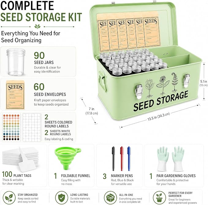 Seed Storage Box – Metal Seed Packet Organizer with Garden String and Bamboo Plant Labels. Seed Container Storage delivering complete Seed Saving Organization for every Garden Lover.