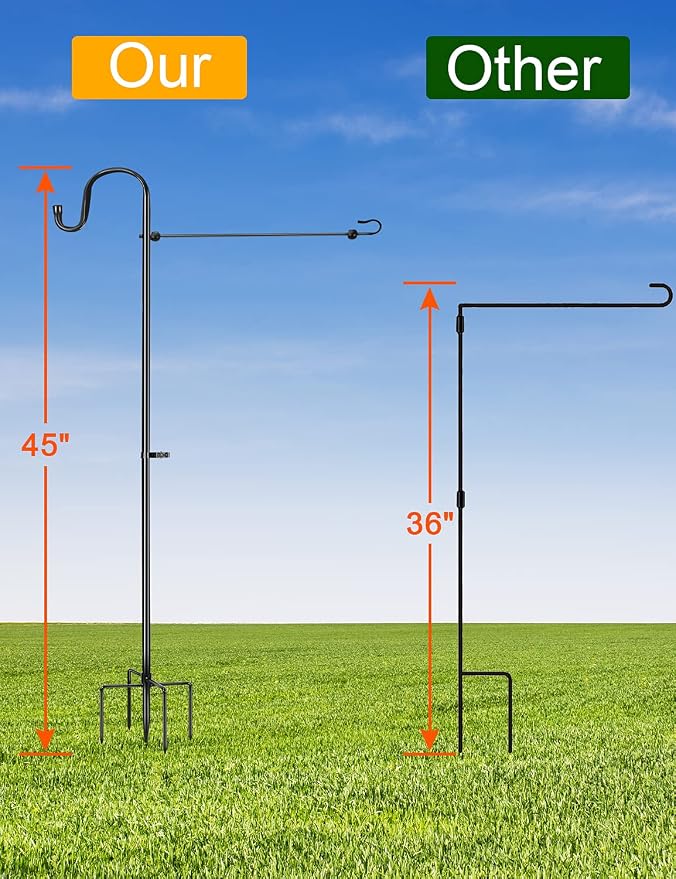 LOPANNY Garden Flag Stand - Upgraded Garden Flag Pole with Shepherd Hooks for 12 x 18 Flag, 45IN Yard Flag Holder Stand for Small Flags(Without Solar Lights & Flag)