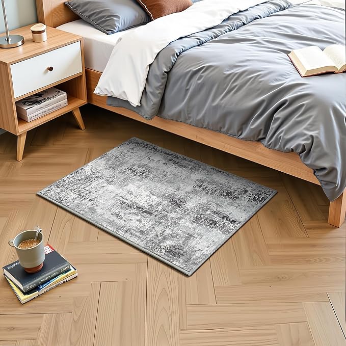 Dark Grey Washable Small Area Rug, 2x3 Abstract Non-Slip Door Mat, Modern Low Pile Indoor Entryway Rugs, Stain Resistant Throw Carpet for Front Door, Kitchen, Entry, Inside Entrance