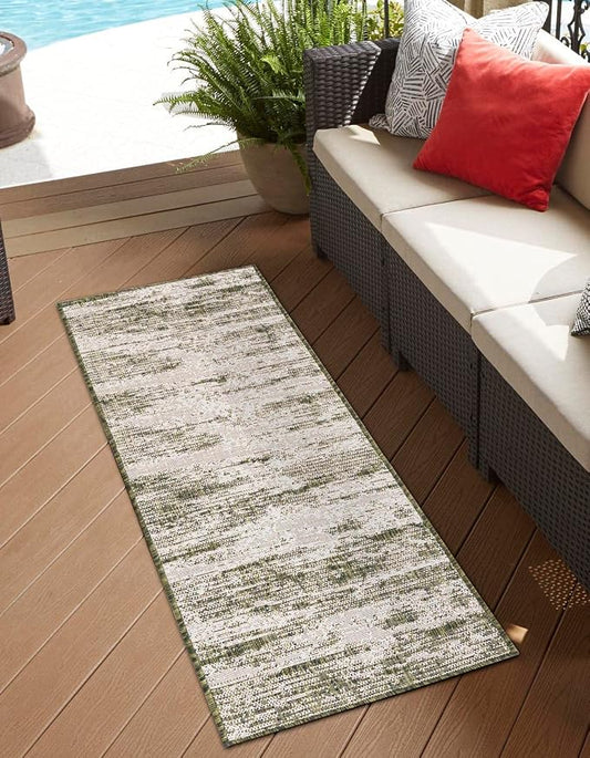 Unique Loom Outdoor Modern Collection Area Rug - Cartago (2' 11" x 10' Runner, Green/ Ivory)