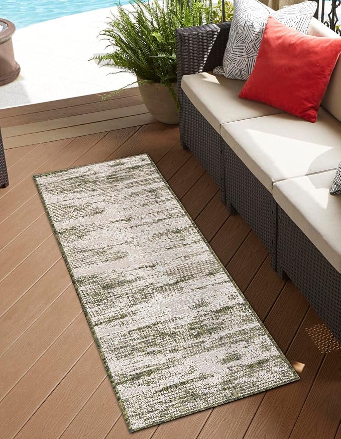 Unique Loom Outdoor Modern Collection Area Rug - Cartago (2' x 7' 10" Runner, Green/ Ivory)