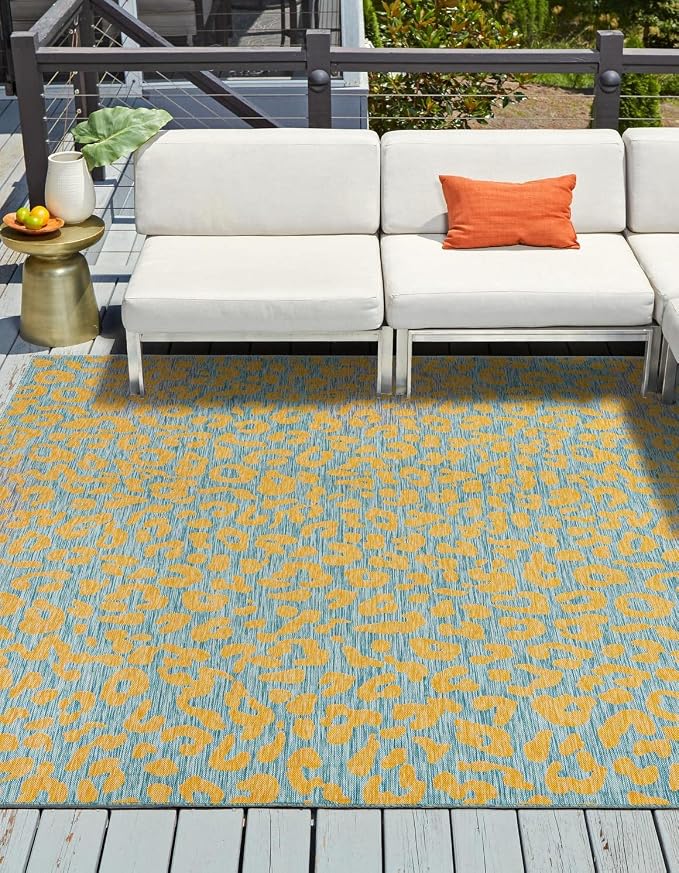 Unique Loom Outdoor Safari Collection Area Rug - Leopard (13' Square, Blue Yellow/ Blue)