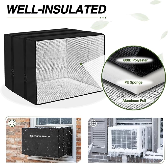 Porch Shield Outdoor Window AC Cover – Winter Insulation Window Air Conditioner Cover for Outside Up to 21"L x 16"D x 15"H, Black