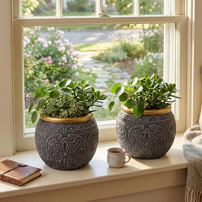 2Pcs 5.9 Inch Cement Planters, Vintage Planter with Gold Rim and Drainage Holes, Decorative Indoor Containers for Succulents, Herbs, Home & Office