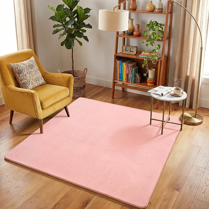 Amearea 4x4 Square Area Rugs for Bedroom Living Room, Pink Memory Foam Rug | Thickened Fluffy Indoor Washable Rug, Modern Non Slip Minimalist Carpet for Entryway Kids Boys Girls Dorm Nursery Room Decor
