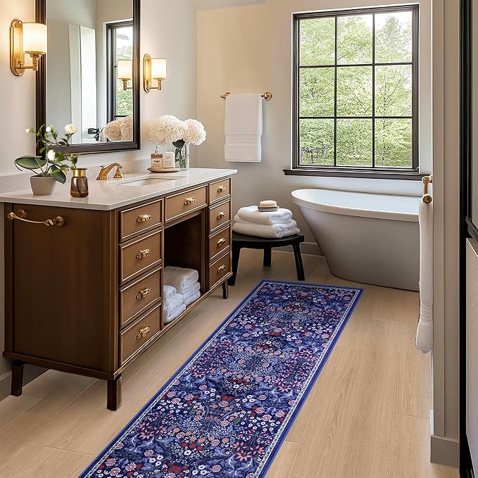 PLHXFR 2x6 Washable Runner Rug：Floral Indoor Kitchen Soft Carpet Blue | For Hallway Bedroom Kitchen Laundry Bathroom Dorm,Vintage Floral,Machine washable,Non Slip,Stain Resistant,Indoor Floor