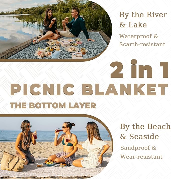 Genovega 2 in 1 Extra Large 80"* 80" Rug Picnic Waterproof Outdoor Beach Blanket Foldable Camping Mat Summer Camp Equipment Honeymoon Stuff Hawaii Essentials Hunting Accessories Car Set Women Gifts