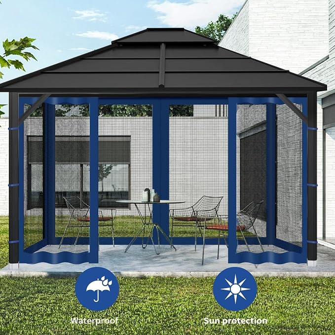 Gazebo Replacement Mosquito Netting Outdoor Universal Gazebo Canopy 4-Panels Screen Sidewalls with Zipper for Patio Garden (Navy Blue, 10x10)
