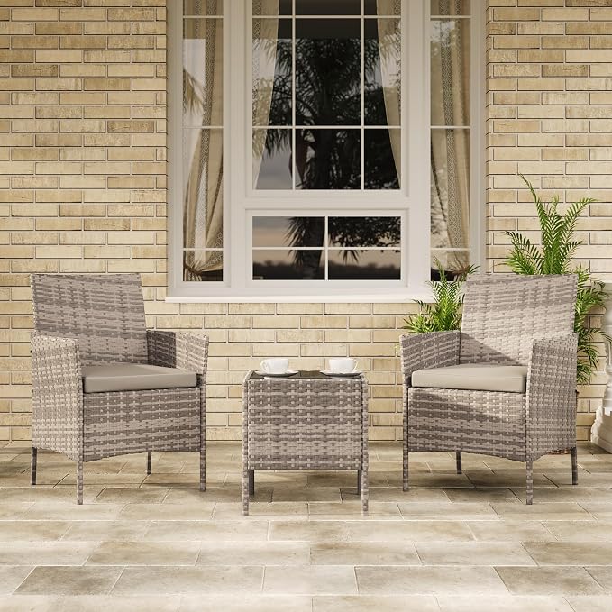 3-Piece Outdoor Furniture Set, PE Rattan Wicker Chairs with Soft Cushions & Tempered Glass Coffee Table - All-Weather Patio Set for Garden, Backyard, Porch, Poolside (Gray/Light Gray)