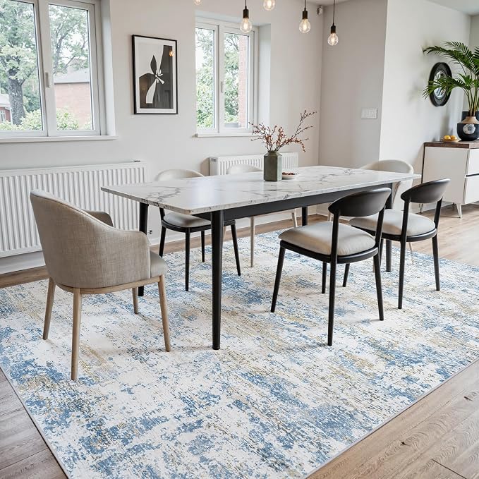 9x12 Area Rugs for Living Room: Washable Soft Blue White Abstract Carpet | Non-Slip TPE & Stain Resistant,0.25" Low-Pile,Kids Pet Friendly Modern Decor for Dining Room Farmhouse Office, Non-Shedding