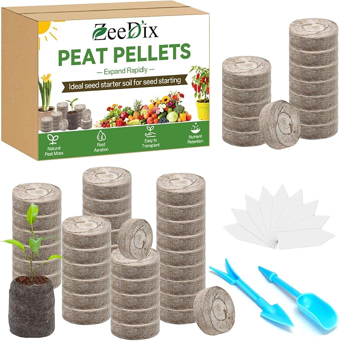 ZeeDix 50Pcs 40mm Seed Starter Pods, Compressed Peat Pellets Seed Starter Soil for Seed Starting, Growing Vegetables, Herbs & Flowers, Indoor Outdoor Gardening with 50 Plant Labels & 2 Garden Tools
